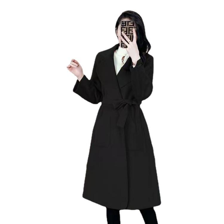 Women's Autumn and Winter Medium-length Temperament Loose Lacing Coat Solid Color Double-sided Velvet Coat