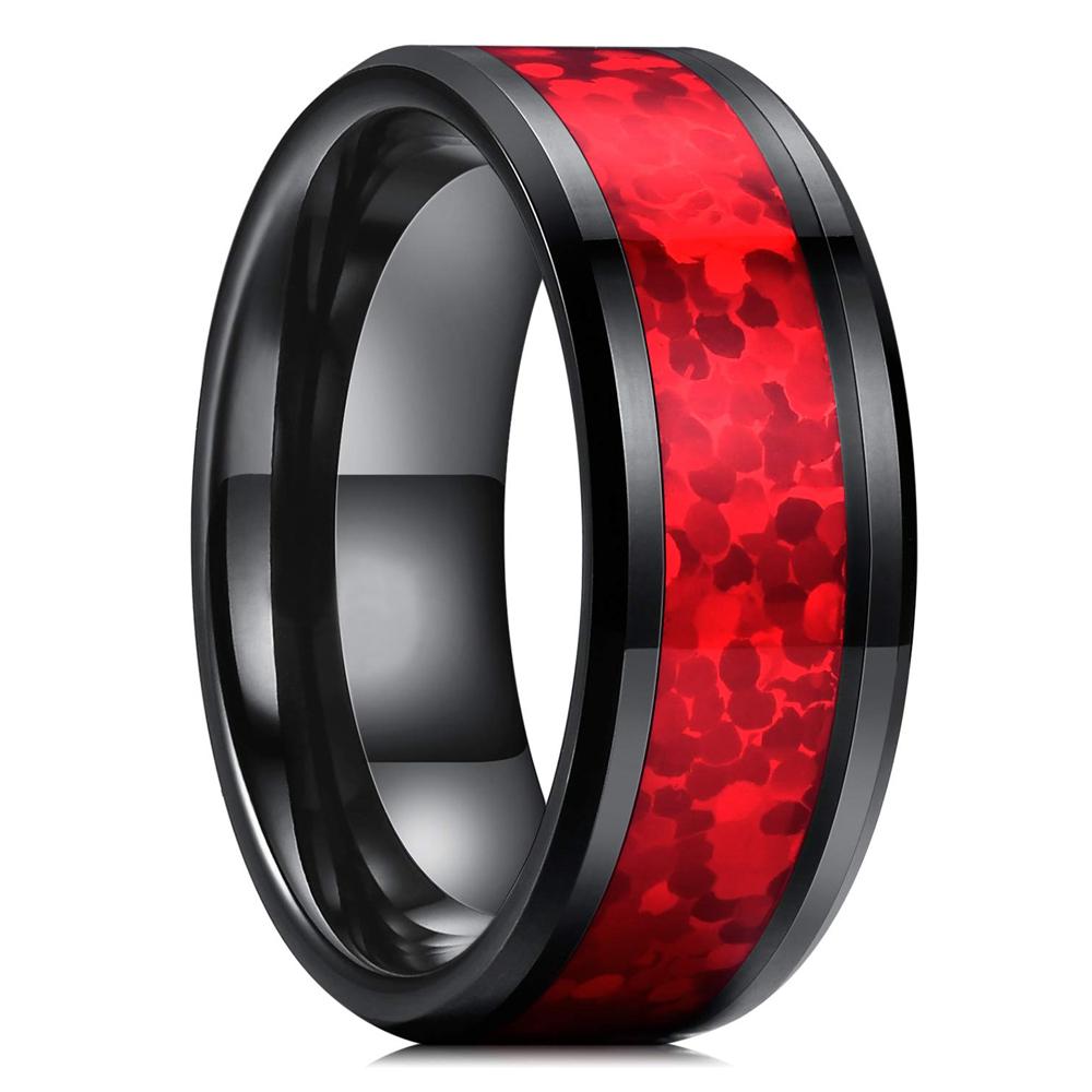 Fashion 4/6/8mm Black Titanium Stainless Steel Wedding Rings Inlay Imitation Red Opal Rings For Men Women Wedding Band Jewelry