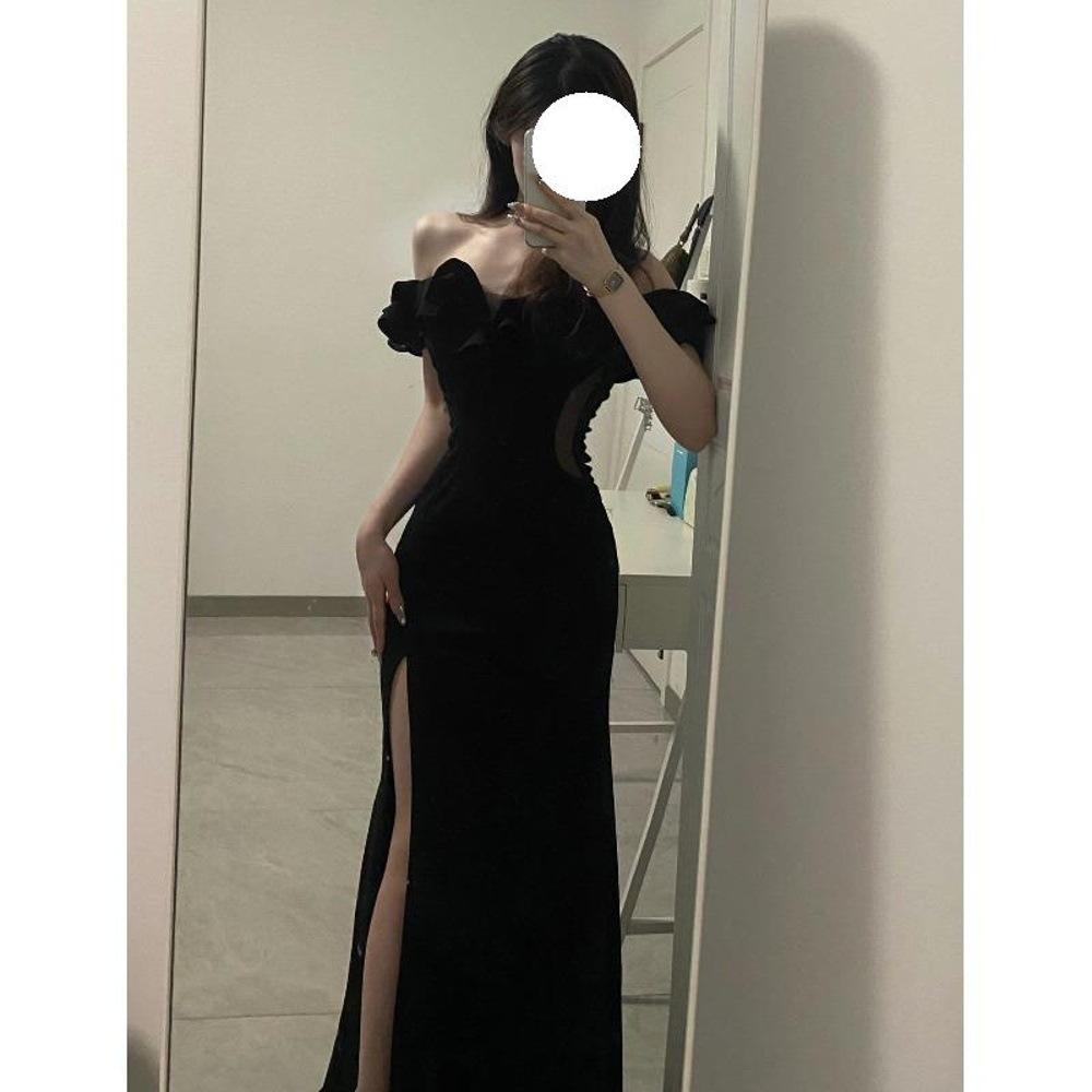 Host evening dress women's new high-end niche red temperament one-word shoulder dress