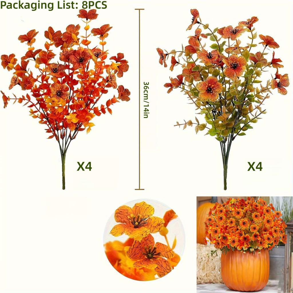 8 STK Kunstblumen - Orange, Gelb - Realistischer Kunststoff Herbstdeko für Thanksgiving, Halloween, Diwali & Feiern