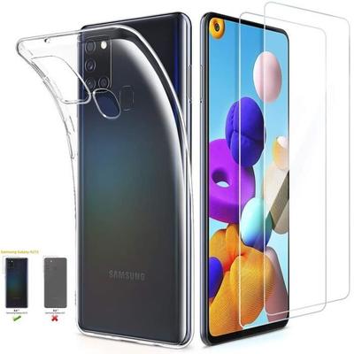 Case and Tempered Glasses - Set2VT - A21S - Transparent - Shock Protection - Soft Silicone Gel