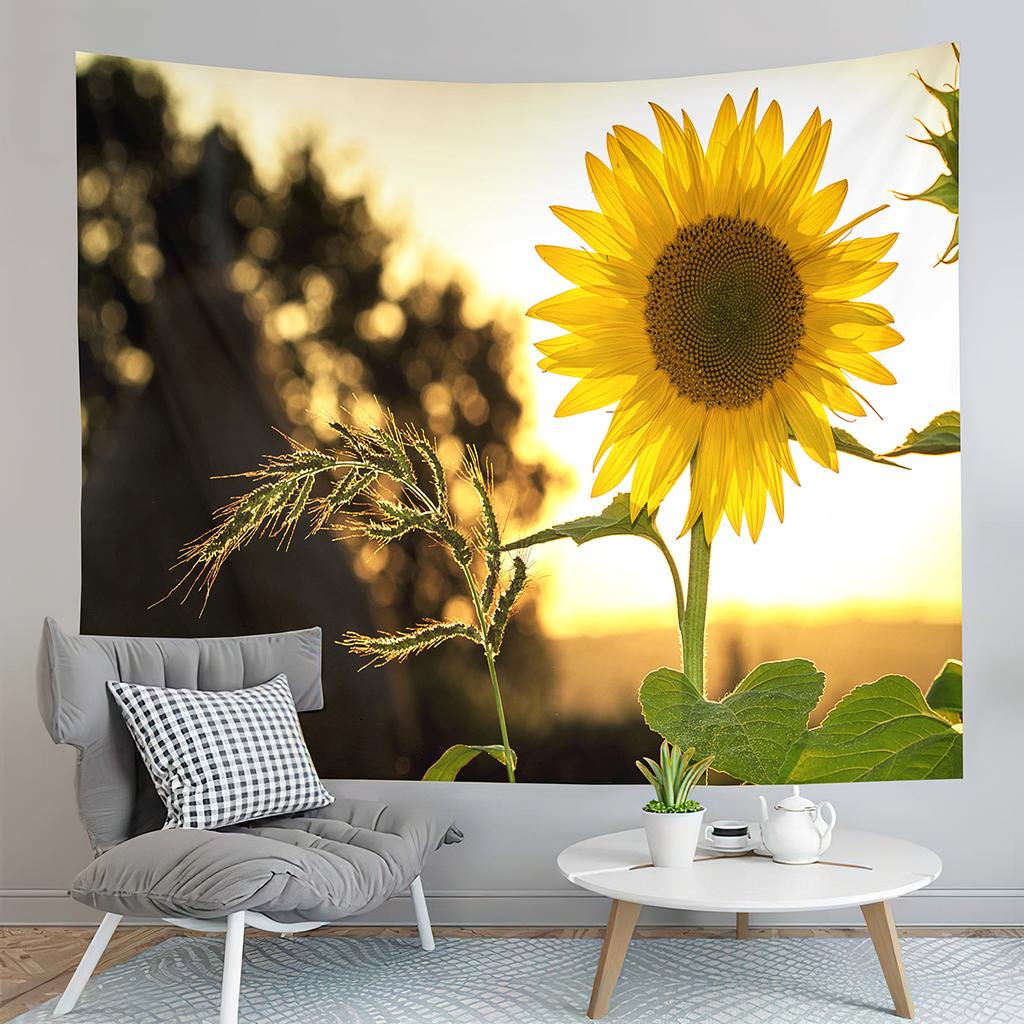 Sunset Sunflowers Field Tapestry Warm Yellow Floral Plant Tapestry Home Living Room Bedroom Dorm Wall Hanging Decorative Blanket