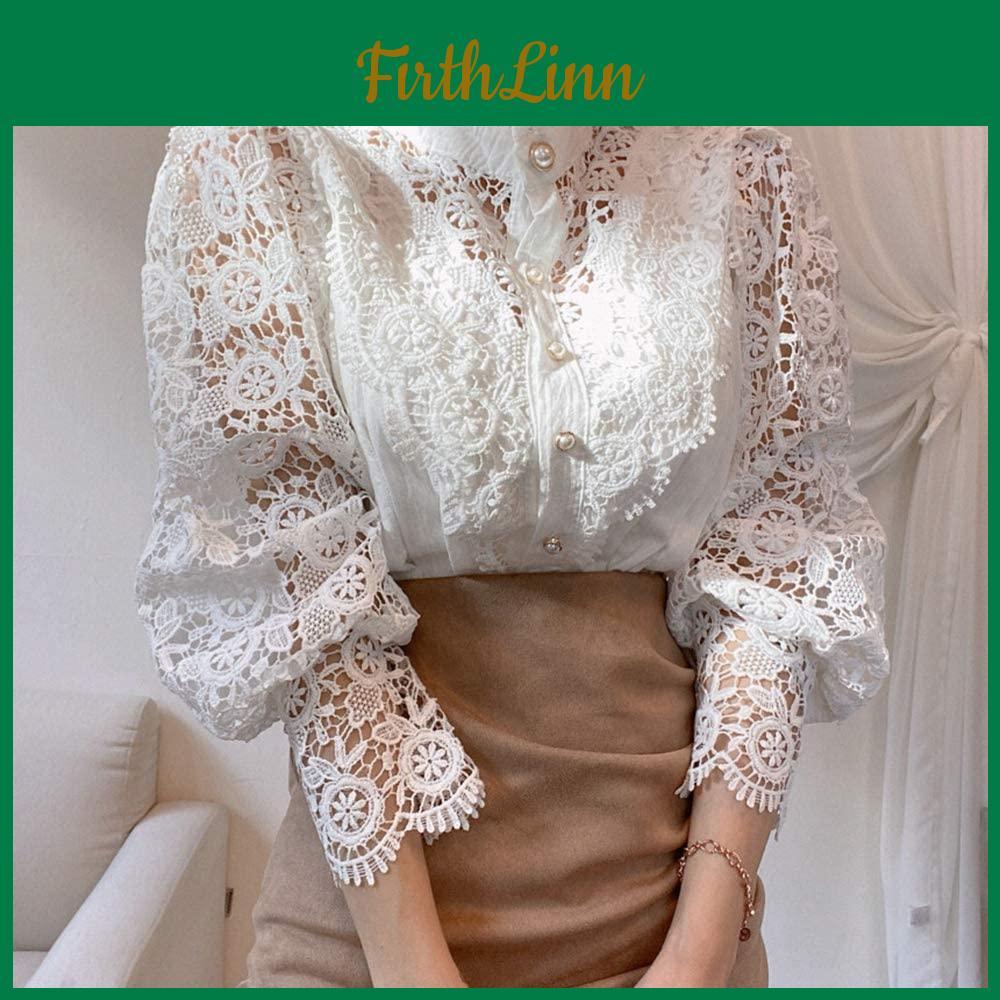 Women Lace Stand Collar Patchwork Shirts Casual Hollow Out Flower Petal Sleeve Button Tops White Shirts For Women