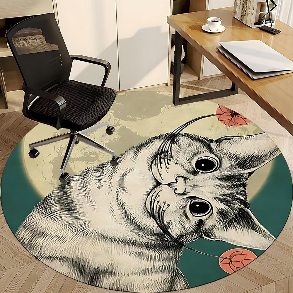 1PC Moonlit Whiskers Office Round Area Rug, Mat Suitable ForOffice, Under Office Chairs Bedroom Living Room Home Decor, Room Deco