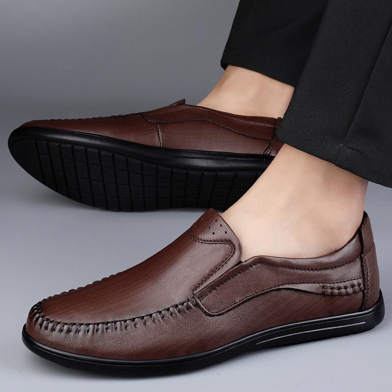 Men's Cross-Season Leather Shoes: Breathable Top Layer Cowhide, Perforated Casual Design for Middle-Aged Men, Available in Large Sizes