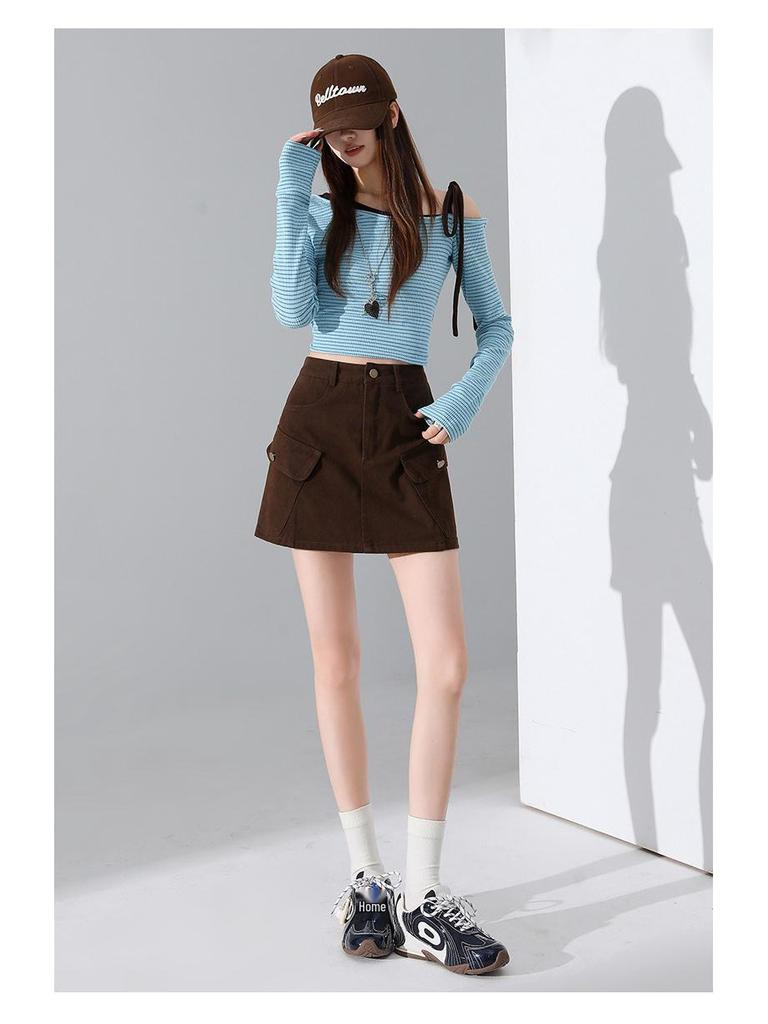 Coffee High-Waisted A-Line Denim Skirt: Women's Versatile, Multi-Pocket, Slimming Workwear Style