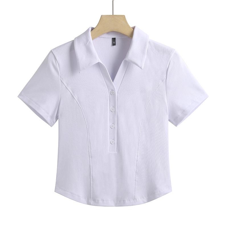 Women's Korean Style Slim-Fit High-Waisted Short-Sleeved Stretch T-Shirt with Turn-Down Collar - Summer 2026 Collection