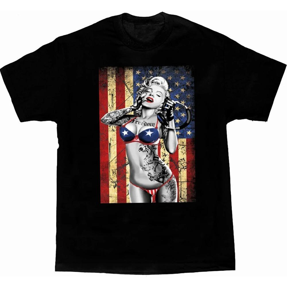 Freedom US Flag DJ Music Gangsta Sexy Tattoos Marilyn Monroe T-Shirt. Summer Cotton Short Sleeve O-Neck Mens T Shirt New S-3XL