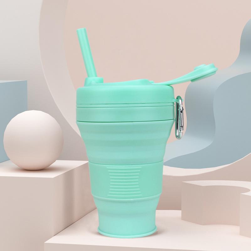 Nueva Taza Plegable de Gel de Sílice Taza de Café Plegable con Pajita Mosquetón con Botón de Escalada