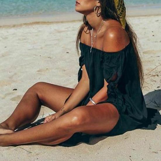 Irregular Cover-Up Dress Boat Neck Side Split Mid-calf Length Swimwear Dress for Beach