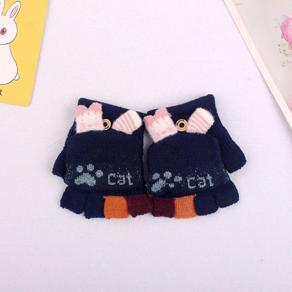 

Уличные нейлоновые ветрозащитные милые перчатки без пальцев, детские перчатки, толстые варежки, перчатки с откидной варежкой тёмно-синий