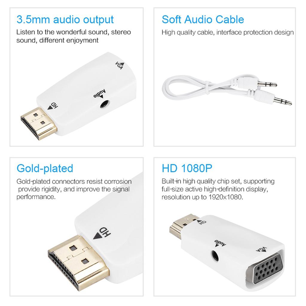 HD 1080P HDMI Female to VGA Female Converter Adapter with 3.5mm Audio Output Cable