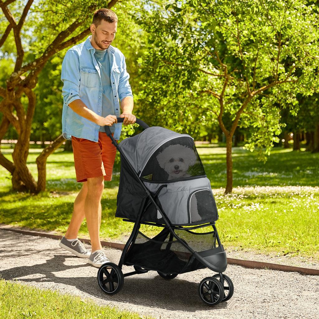Dog Buggy Pet Stroller, Foldable, Rain Cover, 2 Safety Leashes, 83cm x 55cm x 101cm, Gray + Black