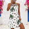 Women Plus Size Sleeveless Criss Cross Cutout Halter Neck Printed White Fitted Curved Hem Dress