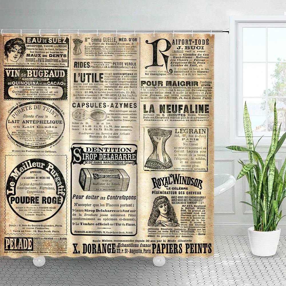 Vintage Old Newspaper Shower Curtains France Paris Tower Periodic Table Bath Curtain Retro Fabric Print Home Bathroom Decor Sets