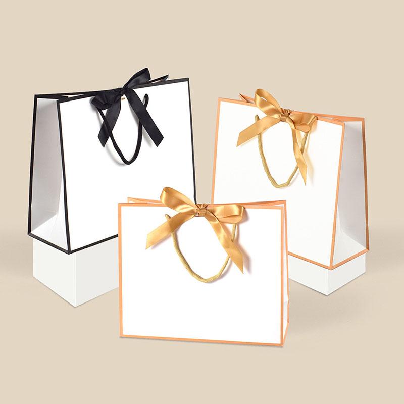 WTEMPO Ribbon Bow Paper Bags with Handles DIY Universal Packaging Bags Simple Elegant Shopping Bags Perfect for Birthday Wedding and Other Festivals