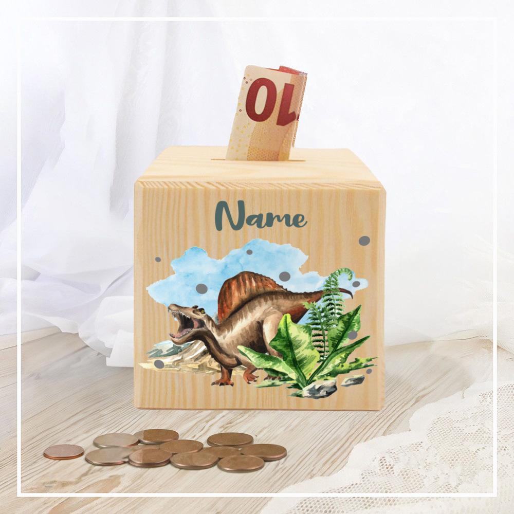 Customized Dino Dinosaur Pattern Wooden Piggy Bank Kids Money Boxes Coin Collection Case Wooden Coin Bank Child Shower Gift
