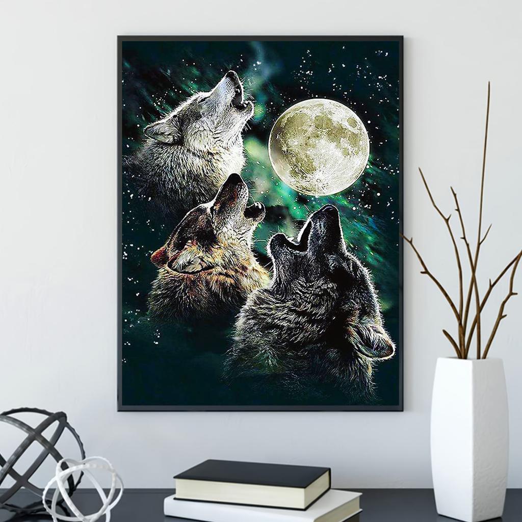 5D-Diamantgemälde zum Selbermachen, Mond und Wolf, Kreuzstich-Set, Mosaik-Diamant-Stickerei, Rose, voller runder/quadratischer Bohrer, Heimdekoration