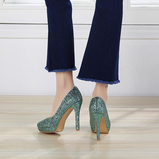 Women's High-heeled Single Shoes Fashion Sequined Banquet Wedding Shoes Waterproof Table Fine Heel Shallow Mouth Large Size Four-season Shoes