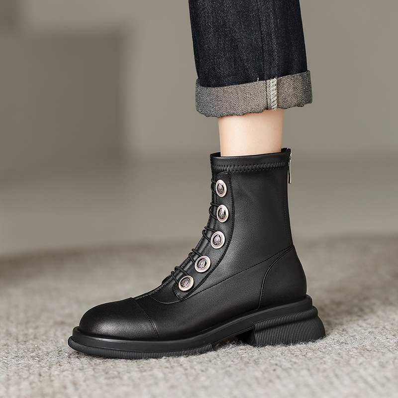 Krazing Pot Podzimní zimní boty z hovězí kůže s kulatou špičkou Kovové zapínání Silný střední podpatek Zip Chelsea Boots Dámské kotníkové boty