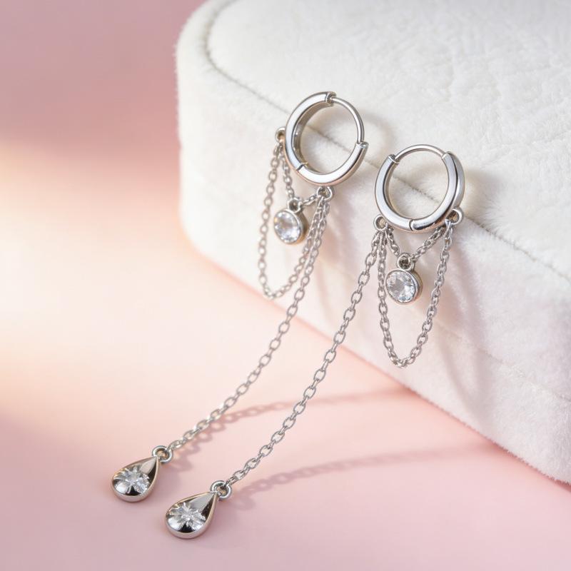 European & American Water Drop Tassel Earrings with Inlaid Zirconium - Korean Style, Trendy and Simple Design for Women