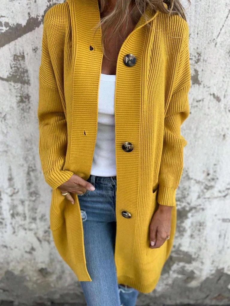 Women's Hooded Knitted Cardigan with Buttons and Pockets for Autumn/Winter