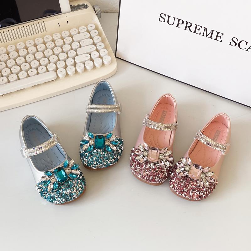 Girls Princess Shoes Shiny Sequins Crystal Kids Dance Shoes Wedding Performance 2025 Spring Autumn Girls Leather Shoes Non-slip
