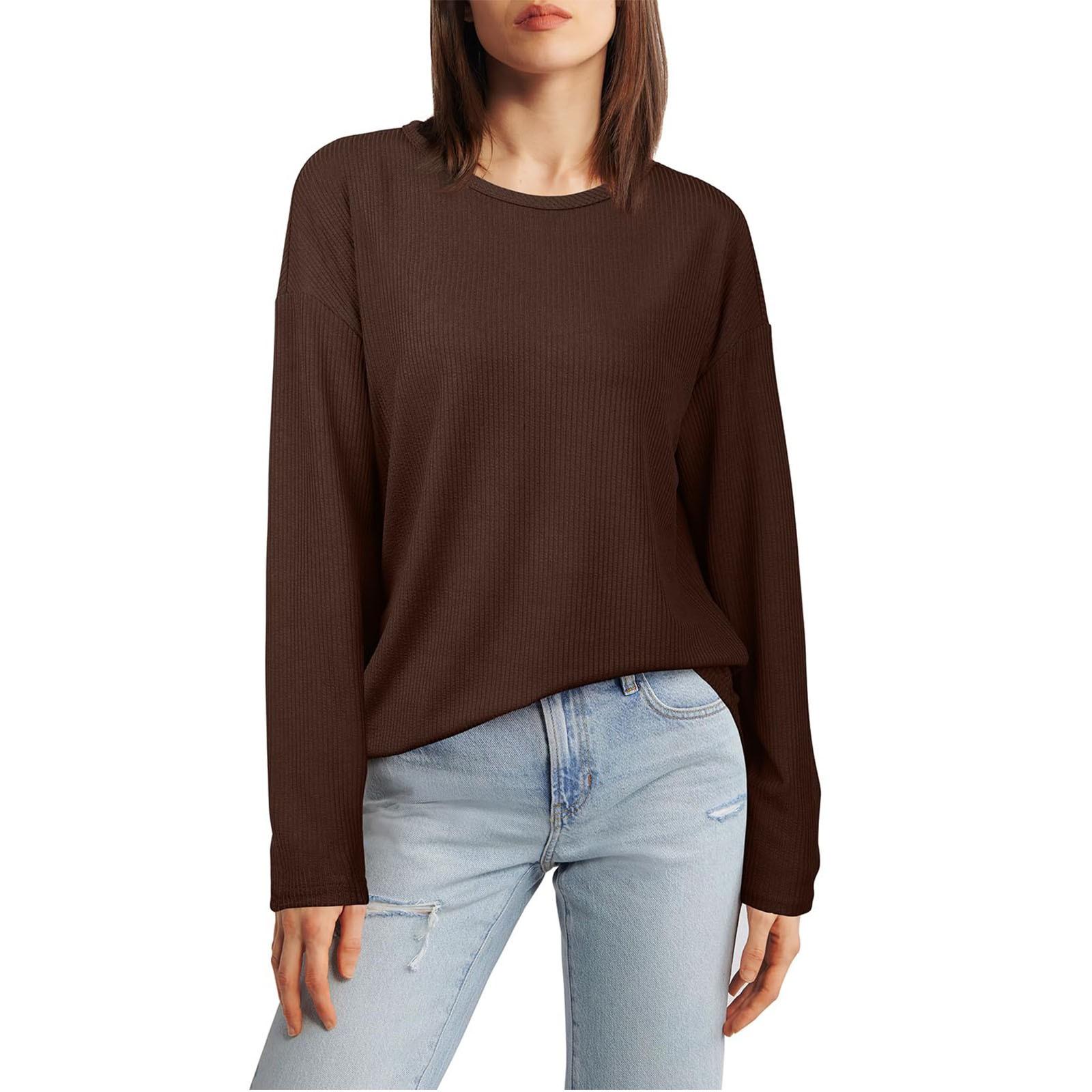 Женские топы с длинным рукавом, трикотажные ребристые рубашки с круглым вырезом, осенние туники с закругленным подолом 2024 года, модная одежда M коричневый