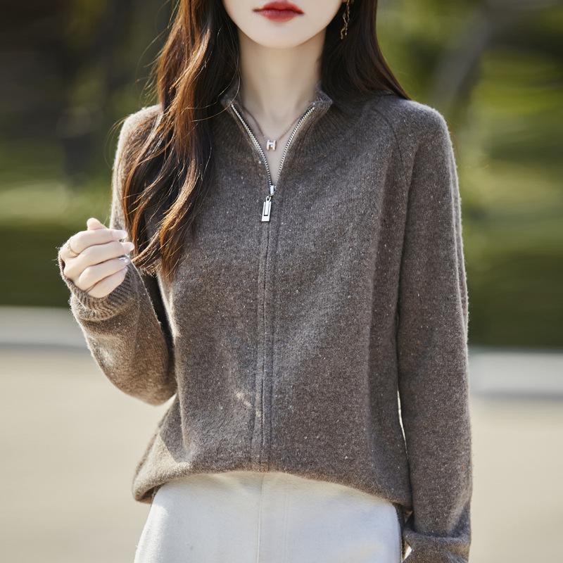 Women's Speckled Yarn 100% Wool Zipper Cardigan with Half-High Collar