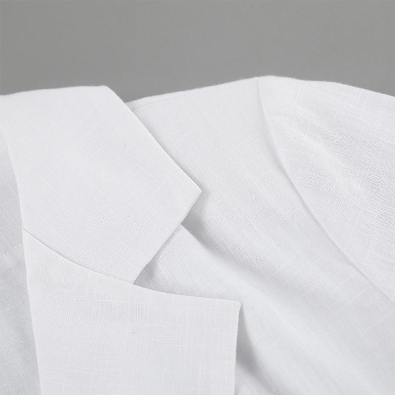 Witte Katoen en Linnen Slim Ruffles Rand Jurk Dames Slim Heupomsluitende Jurk Revers Lange Mouwen Mode Lente en Zomer