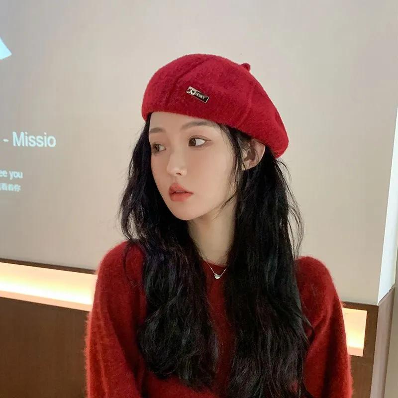 Женский ретро шерстяной теплый берет для большого обхвата головы красный
