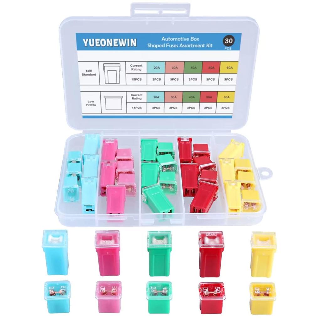 30Pcs Jcase Car Fuse Assortment Kit, Tall/STD And Low Profile Jcase Box Shaped Fuses Assortment Kit For Ford, Chevy/GM, Nissan, And Toyota Pickup