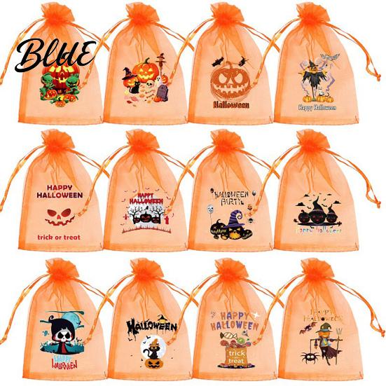Party Favor Bag 12 Pcs Halloween Organza Candy Bag Drawstring Treat Pouch with Pumpkin Ghost Bat Trick or Print Sheer for Snacks Gift Packaging