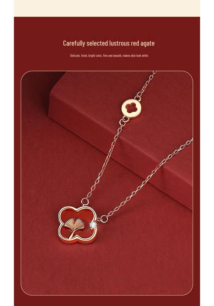 Tichya Four-Leaf Clover Necklace In Sterling Silver with Rose Gold and Red Agate Pendant for Women.