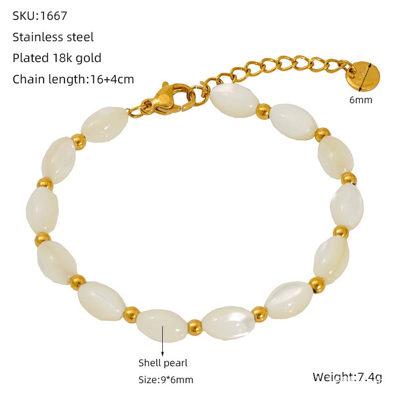 

Versatile 18K Titanium Steel Oval Shell & Pearl Beaded Minimalist Women s Bracelet