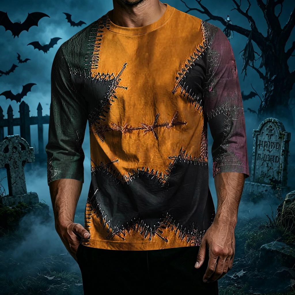 Men's Casual Halloween Print Patchwork Crew Neck T Shirt Three Quarter Sleeve Top Comfortable Fit Lightweight Fabric