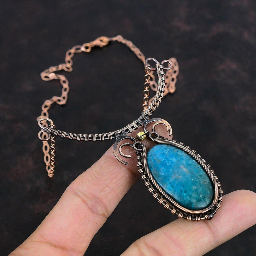 Neon Apatite Necklace Copper Wire Wrapped Necklace Adjustable Chain Necklace Copper Jewelry Handmade Natural Gemstone Necklace Gifts For Mom