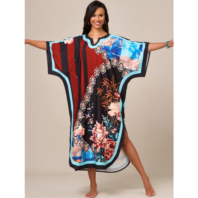 

Пляжная блузка с принтом в этническом стиле, длинный халат, большого размера, свободное платье-накидка one size
