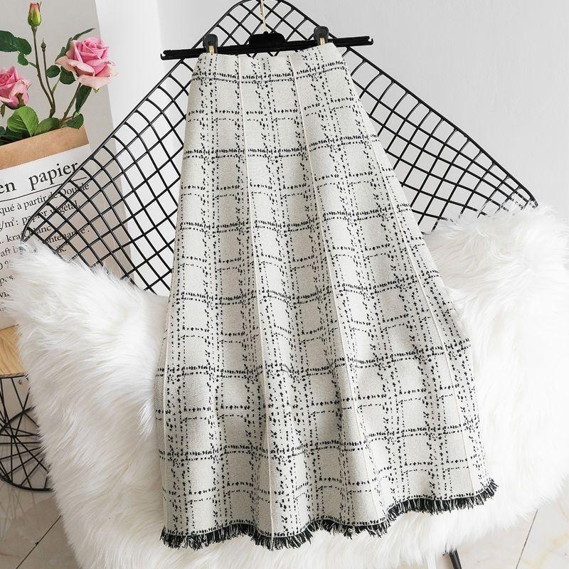 Herbst Winter Damen Freizeit Strickrock Damenmode Quasten Maxirock Koreanische Frauen Hohe Taille Karomuster Lange Röcke
