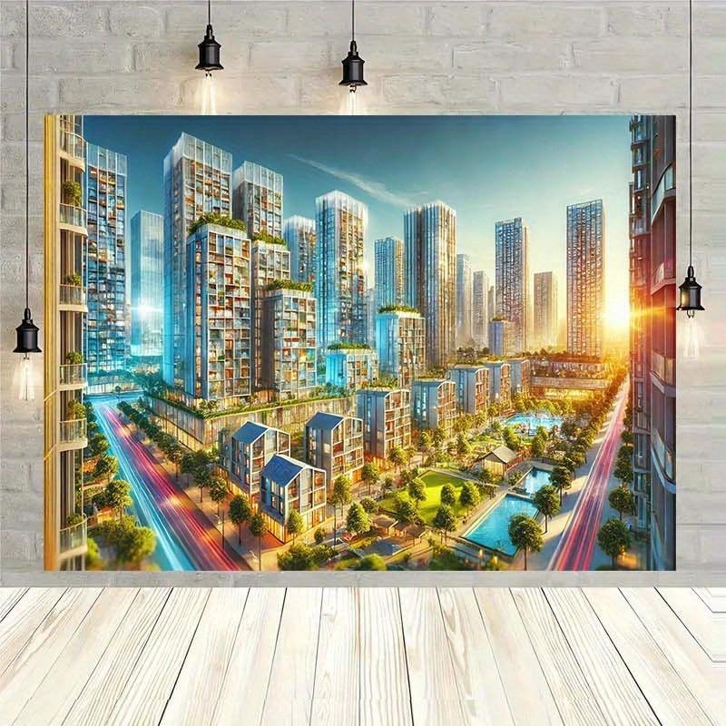 1 piece of polyester background banner - Vivid landscape of a high-rise residential area with a sunset hue 150x210 CM