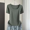 Klassisches geripptes quadratisches Hals-Kurzarm-T-Shirt Locker Schlank Sommer Basis-Oberteil Dehnbar Schlanke Basisschicht Weicher Rippstoff Gut für Innen- und Außenbekleidung Oberteil