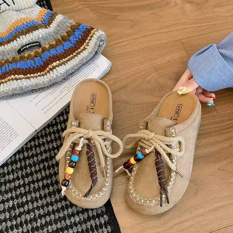 

Retro Bobo shoes half-drag autumn new one-pedal bohemian matte leather thick-soled bag head cool slippers 35 хаки