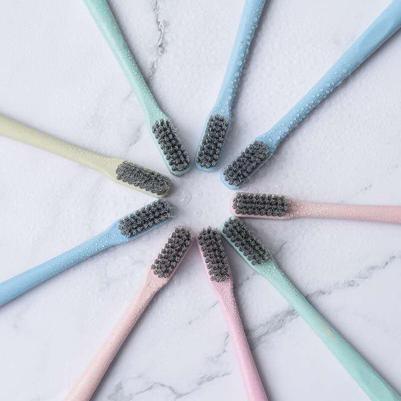 10-Pack Wheat Straw Bamboo Toothbrushes with Soft Charcoal Bristles, Ideal for Couples.