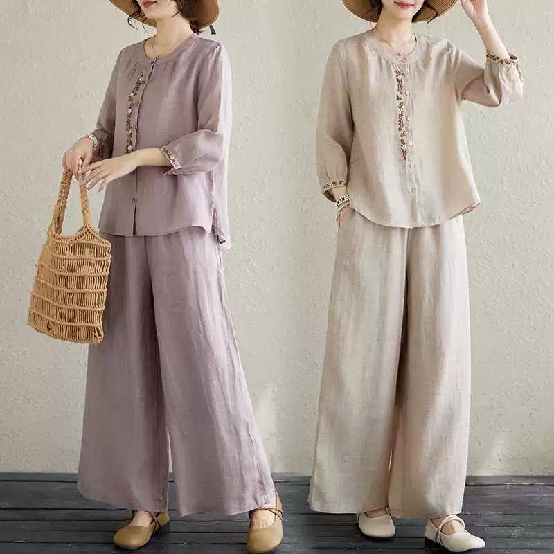 Ladies Summer Chinese Style Embroidery Casual Suit Loose Shirt + Casual Pants Two Piece Set