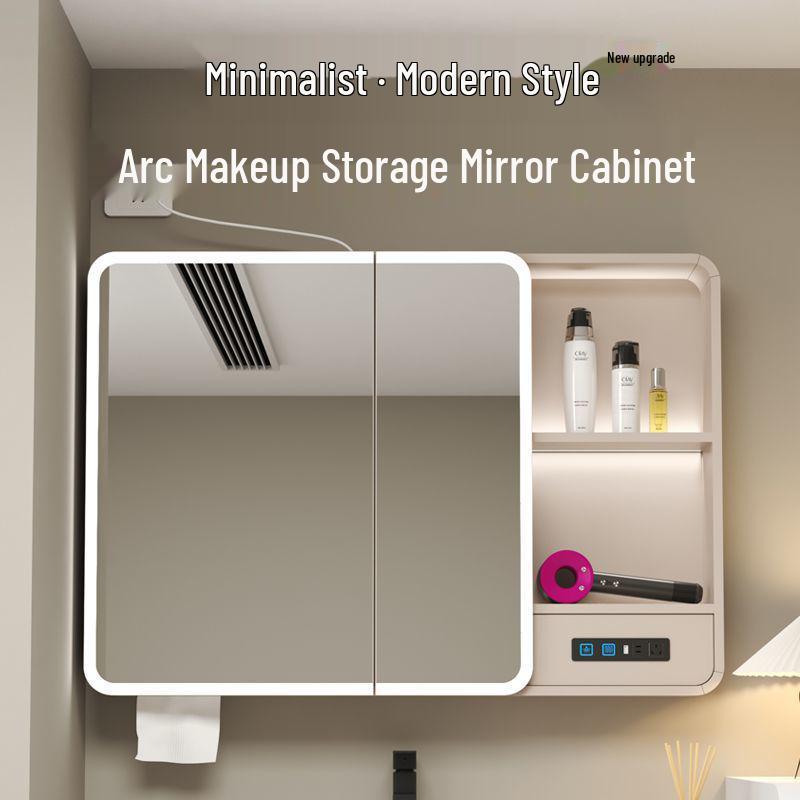 Arc Thickened Bathroom Smart Mirror Cabinet with Makeup Storage and Wall-Mounted Multi-Function Socket
