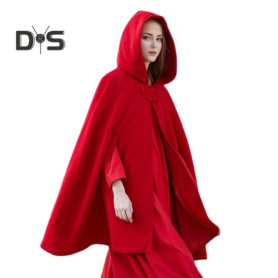 Winter Women Cape Coat with Hood Medieval Retro Cape Gothic Keep Warm Shawl Knee Length Loose Cloak Thick Single-Button Closure Outdoor Poncho Pirate