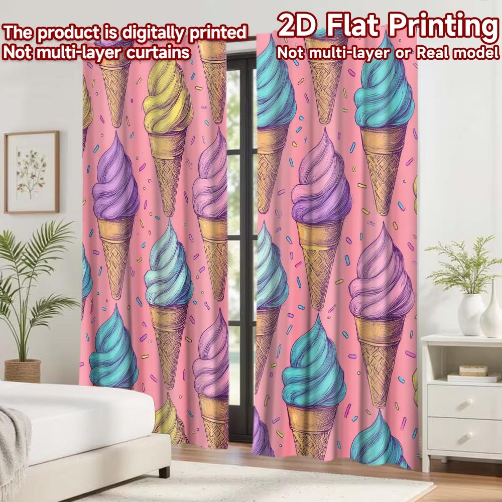2D flat printing 2pcs Curtain Party Curtain Colorful Ice Cream Cones Digital Printed Polyester Drapes Family Party Decoration