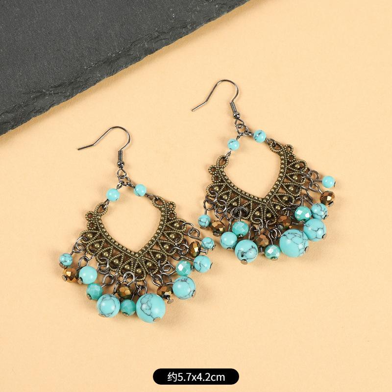 Retro ethnic style fringed earrings blue and red simple long bohemian earrings vacation style women's Tibetan silver earrings