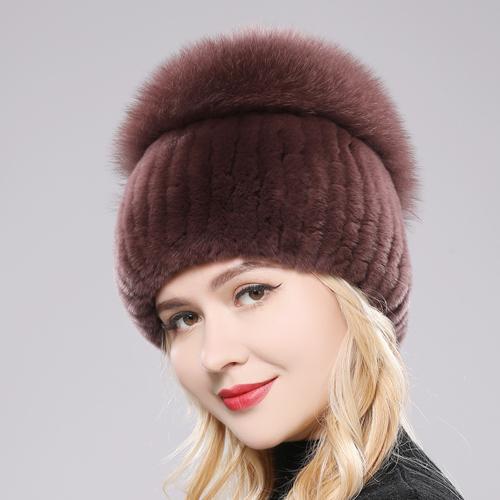 Female'S Hat Good Elastic Natural Fluffy Real Fox Fur Hat New Winter Women Knitted Real Rex Rabbit Fur Hats Lady Real Fur Cap