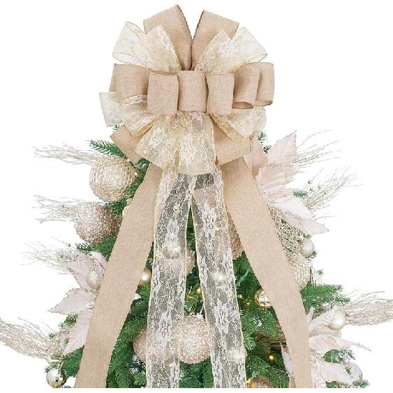 Christmas Tree Topper, 32x12 Inches Large Toppers Bow with Glitter Satin Mesh Streamer, Pink Christmas Tree Topper for Christmas Home Decoration